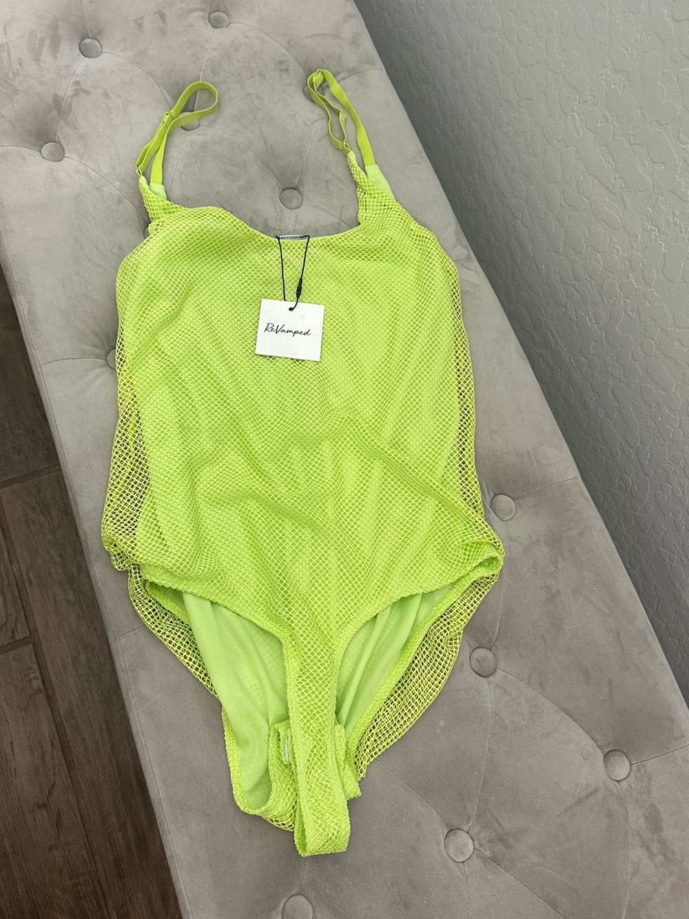 ReVamped Neon Lime Green Mesh Bodysuit NWT Size Large Fishnet Layered